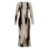 Elegant Dress Art Graffiti Ink Wash Print Scoop Neck Long Sleeve Bodycon Dress - Brun M | US 6