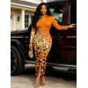 Long Sleeve Shirt Dress Ombre Leopard Sequin Print Ruched Turn Down Collar Button Up Bodycon Dress - Orange Foncé M | US 6