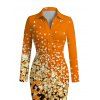 Long Sleeve Shirt Dress Ombre Leopard Sequin Print Ruched Turn Down Collar Button Up Bodycon Dress - Orange Foncé XXL | US 14