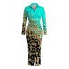 Long Sleeve Shirt Dress Ombre Leopard Sequin Print Ruched Turn Down Collar Button Up Bodycon Dress - Turquoise S | US 4
