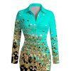 Long Sleeve Shirt Dress Ombre Leopard Sequin Print Ruched Turn Down Collar Button Up Bodycon Dress - Turquoise XL | US 12