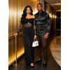 Vintage Party Couple Outfit Off the Shoulder Scalloped Lace Panel Long Sleeve Jumpsuit and Satin Shirt Set - Noir S | US 4