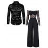 Vintage Party Couple Outfit Off the Shoulder Scalloped Lace Panel Long Sleeve Jumpsuit and Satin Shirt Set - Noir S | US 4
