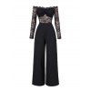 Vintage Party Couple Outfit Off the Shoulder Scalloped Lace Panel Long Sleeve Jumpsuit and Satin Shirt Set - Noir S | US 4