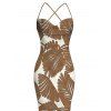 Beach Vacation Dress Tropical Palm Leaf Print Crisscross Ruched Mesh Bodycon Dress - café S | US 4