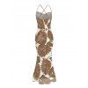 Beach Vacation Dress Tropical Palm Leaf Print Crisscross Ruched Mesh Bodycon Dress - café S | US 4