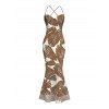 Beach Vacation Dress Tropical Palm Leaf Print Crisscross Ruched Mesh Bodycon Dress - café XL | US 12