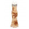 Hawaiian Vacation Dress Lily Floral Print Crisscross Ruched Mesh Bodycon Dress - café lumière XXL | US 14