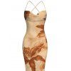 Hawaiian Vacation Dress Lily Floral Print Crisscross Ruched Mesh Bodycon Dress - café lumière XXL | US 14