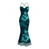 Hawaiian Vacation Dress Lily Floral Print Crisscross Ruched Mesh Bodycon Dress - Turquoise Foncée XL | US 12
