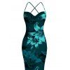 Hawaiian Vacation Dress Lily Floral Print Crisscross Ruched Mesh Bodycon Dress - Turquoise Foncée XL | US 12