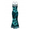 Hawaiian Vacation Dress Lily Floral Print Crisscross Ruched Mesh Bodycon Dress - Turquoise Foncée XL | US 12