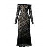Party Couple Outfit Lace Off Shoulder Long Sleeve Slim Fit Maxi Dress and Long Sleeve Satin Shirt Set - Noir S | US 4