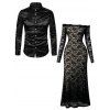 Party Couple Outfit Lace Off Shoulder Long Sleeve Slim Fit Maxi Dress and Long Sleeve Satin Shirt Set - Noir S | US 4