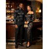 Party Couple Outfit Lace Off Shoulder Long Sleeve Slim Fit Maxi Dress and Long Sleeve Satin Shirt Set - Noir S | US 4