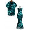 Hawaiian Vacation Couple Outfit Lily Floral Print Crisscross Ruched Mesh Bodycon Dress and Short Sleeve Shirt Set - Turquoise Foncée S | US 4