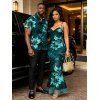 Hawaiian Vacation Couple Outfit Lily Floral Print Crisscross Ruched Mesh Bodycon Dress and Short Sleeve Shirt Set - Turquoise Foncée S | US 4