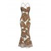 Beach Vacation Couple Outfit Tropical Palm Leaf Print Crisscross Ruched Mesh Bodycon Dress and Short Sleeve Shirt Set - café S | US 4
