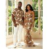 Beach Vacation Couple Outfit Tropical Palm Leaf Print Crisscross Ruched Mesh Bodycon Dress and Short Sleeve Shirt Set - café S | US 4