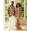 Beach Vacation Couple Outfit Tropical Palm Leaf Print Crisscross Ruched Mesh Bodycon Dress and Short Sleeve Shirt Set - café S | US 4
