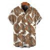 Beach Vacation Couple Outfit Tropical Palm Leaf Print Crisscross Ruched Mesh Bodycon Dress and Short Sleeve Shirt Set - café S | US 4