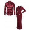 Cocktail Couple Outfit Solid Color Plunging Neck Metal Decor Bodycon Dress and Long Sleeve Shirt Set - Rouge Vineux S | US 4