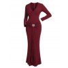 Cocktail Couple Outfit Solid Color Plunging Neck Metal Decor Bodycon Dress and Long Sleeve Shirt Set - Rouge Vineux S | US 4