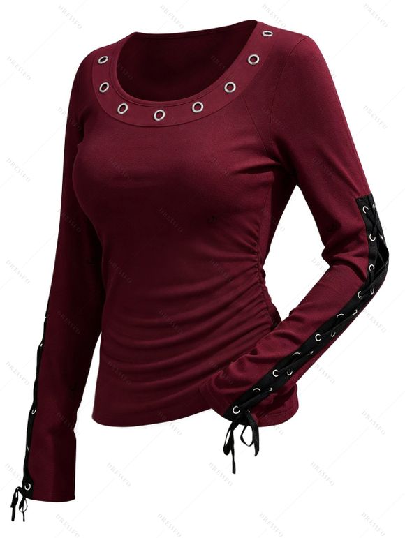 Solid Color Top Grommet Lace Up Round Neck Long Sleeve Top - Rouge foncé XXL | US 14