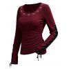 Solid Color Top Grommet Lace Up Round Neck Long Sleeve Top - Rouge foncé S | US 4