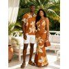 Vacation Couple Outfit Watercolor Lily Floral Print Spaghetti Strap Mermaid Bodycon Dress and Shirt Set - Brun Légère S | US 4