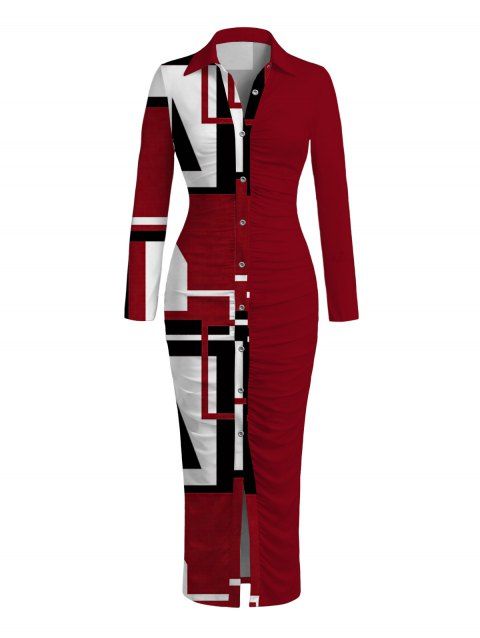 Casual Shirt Dress Colorblock Geometric Print Ruched Turn Down Collar Button Up Bodycon Dress