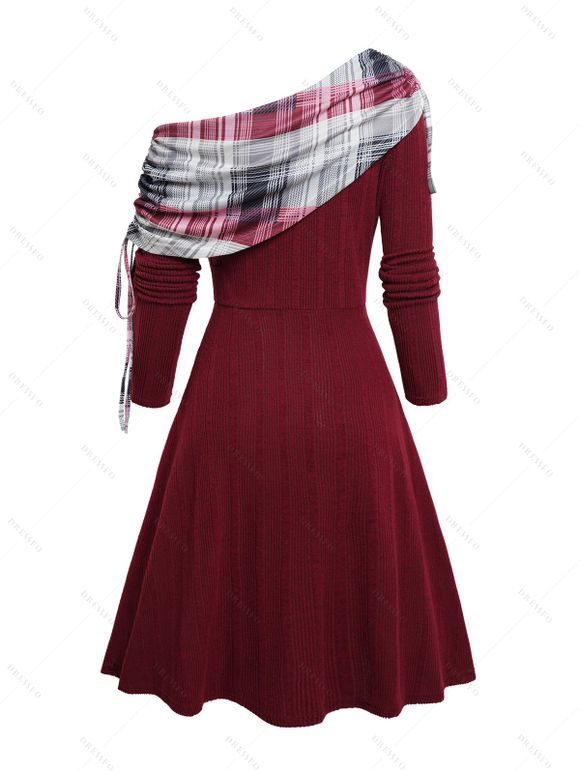 Robe Moulante Asymétrique Jointive à Carreaux Boutonnée à Epaule Dénudée - Rouge foncé XL | US 12