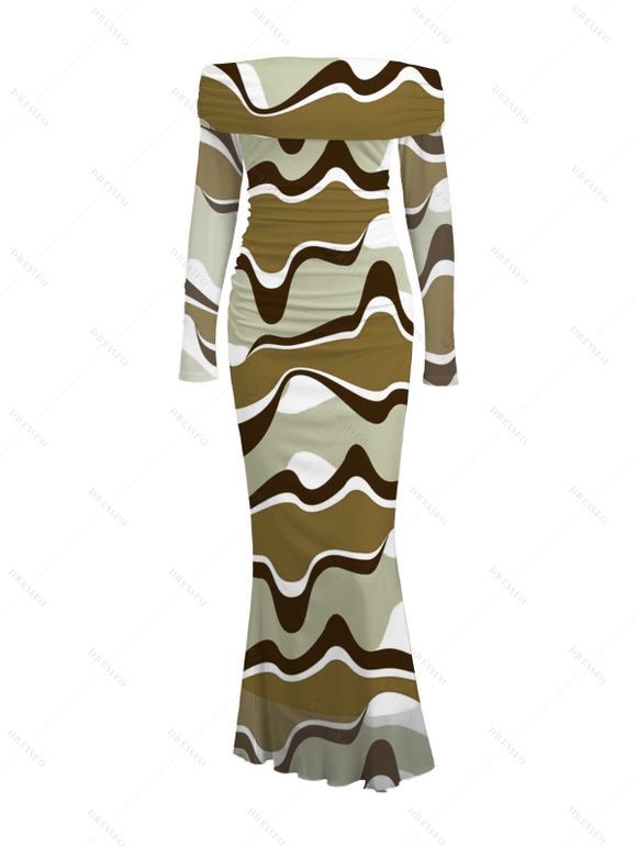 Vintage Dress Colorblock Wave Print Foldover Off the Shoulder Ruched Long Sleeve Bodycon Dress - Vert Armée S | US 4