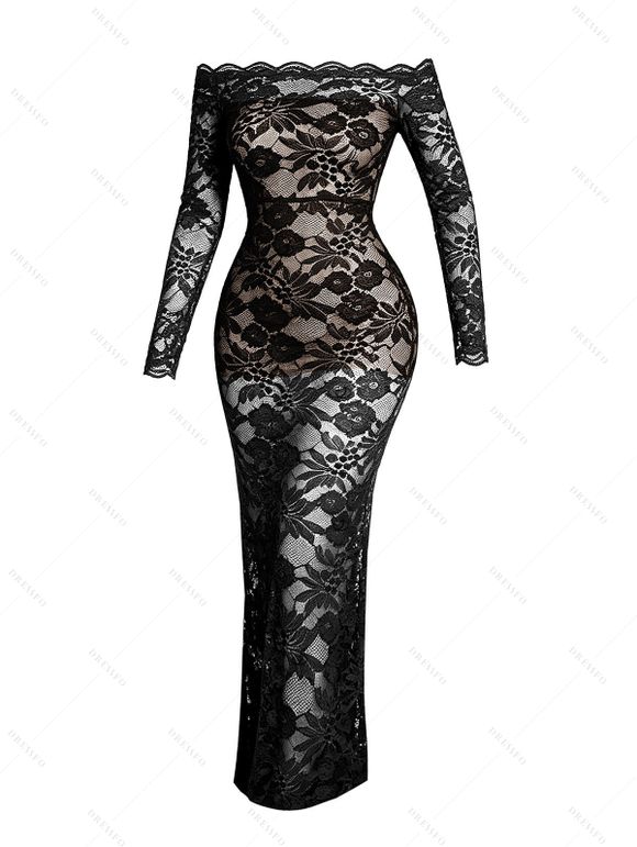 Elegant Dress See Thru Rose Floral Lace Panel Scalloped Off the Shoulder Long Sleeve Bodycon Dress - Noir S | US 4