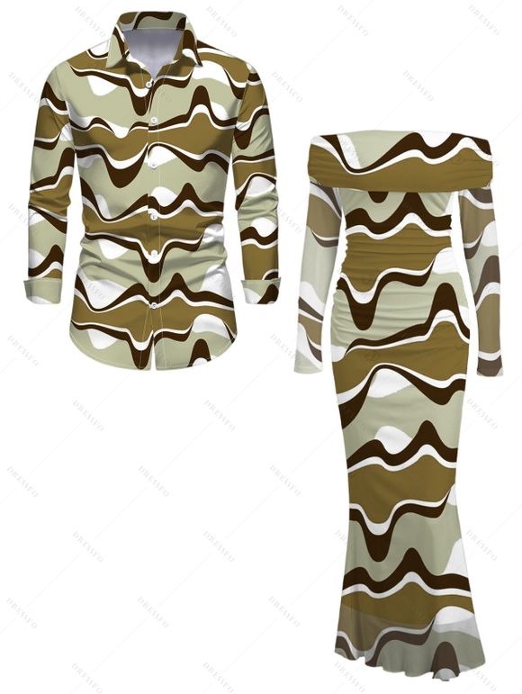 Vintage Couple Outfit Colorblock Wave Print Foldover Off the Shoulder Ruched Bodycon Dress and Long Sleeve Shirt Set - Vert Armée S | US 4