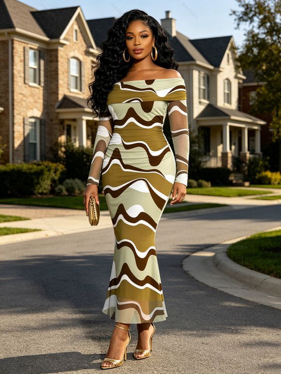 Vintage Couple Outfit Colorblock Wave Print Foldover Off the Shoulder Ruched Bodycon Dress and Long Sleeve Shirt Set - Vert Armée S | US 4