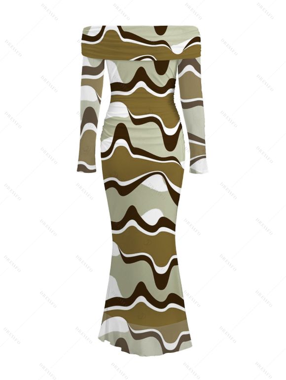 Vintage Couple Outfit Colorblock Wave Print Foldover Off the Shoulder Ruched Bodycon Dress and Long Sleeve Shirt Set - Vert Armée S | US 4