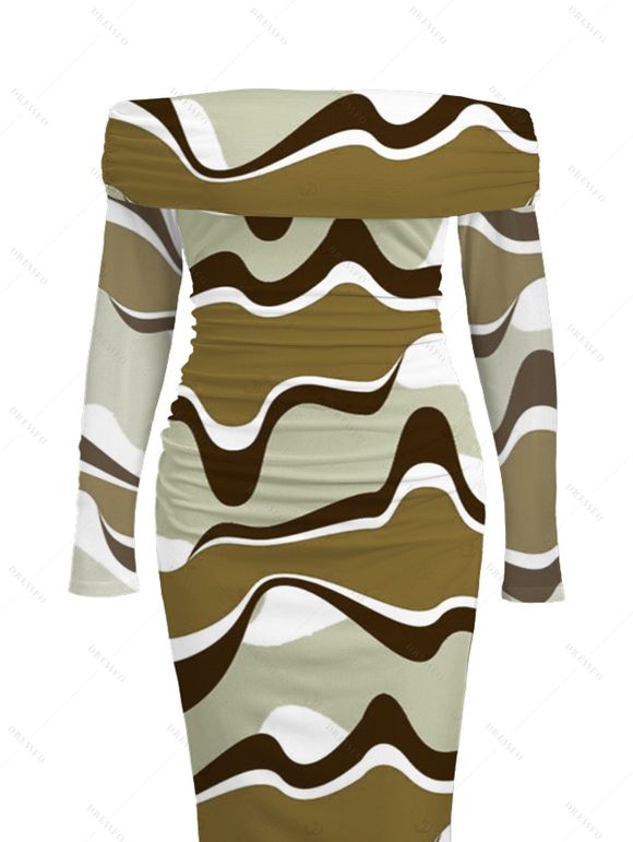 Vintage Couple Outfit Colorblock Wave Print Foldover Off the Shoulder Ruched Bodycon Dress and Long Sleeve Shirt Set - Vert Armée S | US 4