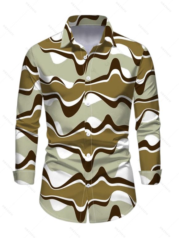 Vintage Couple Outfit Colorblock Wave Print Foldover Off the Shoulder Ruched Bodycon Dress and Long Sleeve Shirt Set - Vert Armée S | US 4