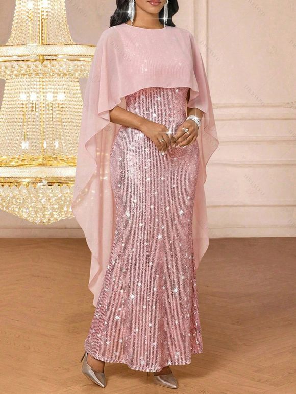 Elegant Party Dress Shinny Shawl Sleeveless Evening Slim Long Dress - Rose XXL | US 14