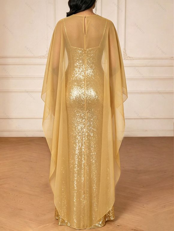 Elegant Party Dress Shinny Shawl Sleeveless Evening Slim Long Dress - d'or M | US 6