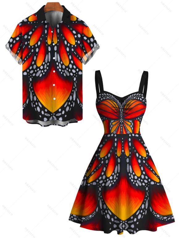 Vintage Couple Outfit Colorblock Butterfly Wing Print Ruched Bust Mini Dress and Shirt Set - Orange vif S | US 4