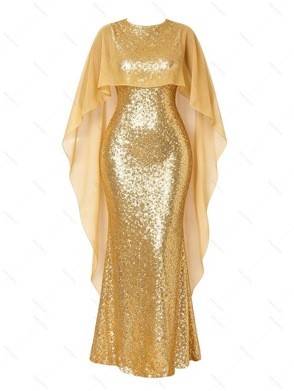 Elegant Party Dress Shinny Shawl Sleeveless Evening Slim Long Dress - d'or M | US 6