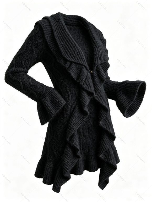 Winter Women Outfit Wavy Asymmetrical Hem Solid Color Mid‑Long Ruffle Bell Sleeve Sweater Coat and Wings Necklace Lace Up Over The Knee Boots Set - Noir S | US 4