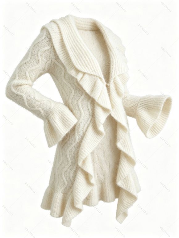 Winter Women Outfit Wavy Asymmetrical Hem Solid Color Mid‑Long Ruffle Bell Sleeve Sweater Coat Topstitching Jeans and Bird Necklace Set - Beige S | US 4