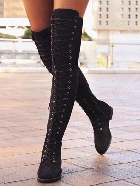 Winter Women Outfit Wavy Asymmetrical Hem Solid Color Mid‑Long Ruffle Bell Sleeve Sweater Coat and Wings Necklace Lace Up Over The Knee Boots Set - Noir S | US 4