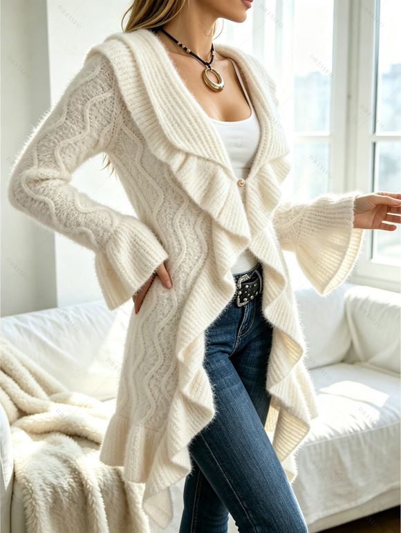 Winter Women Outfit Wavy Asymmetrical Hem Solid Color Mid‑Long Ruffle Bell Sleeve Sweater Coat Topstitching Jeans and Bird Necklace Set - Beige S | US 4