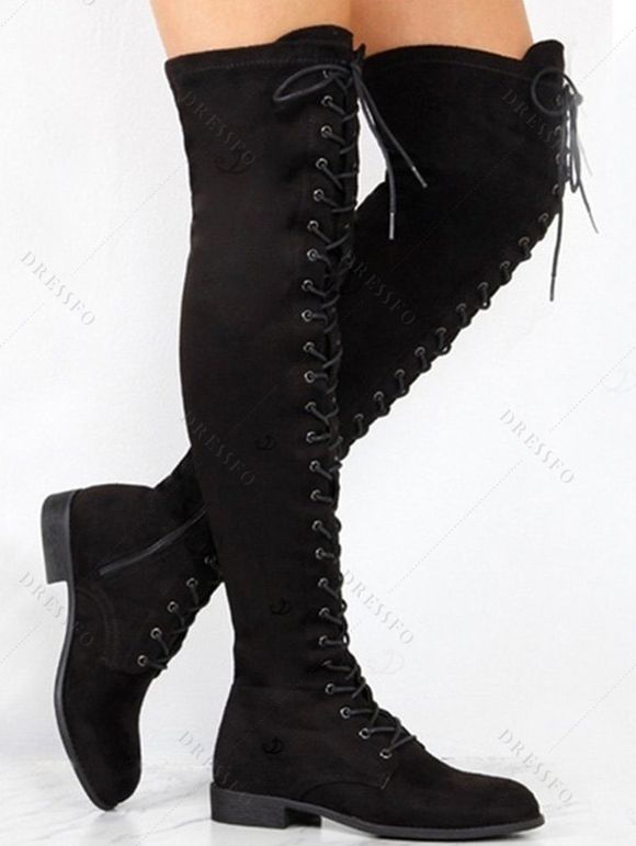 Winter Women Outfit Wavy Asymmetrical Hem Solid Color Mid‑Long Ruffle Bell Sleeve Sweater Coat and Wings Necklace Lace Up Over The Knee Boots Set - Noir S | US 4