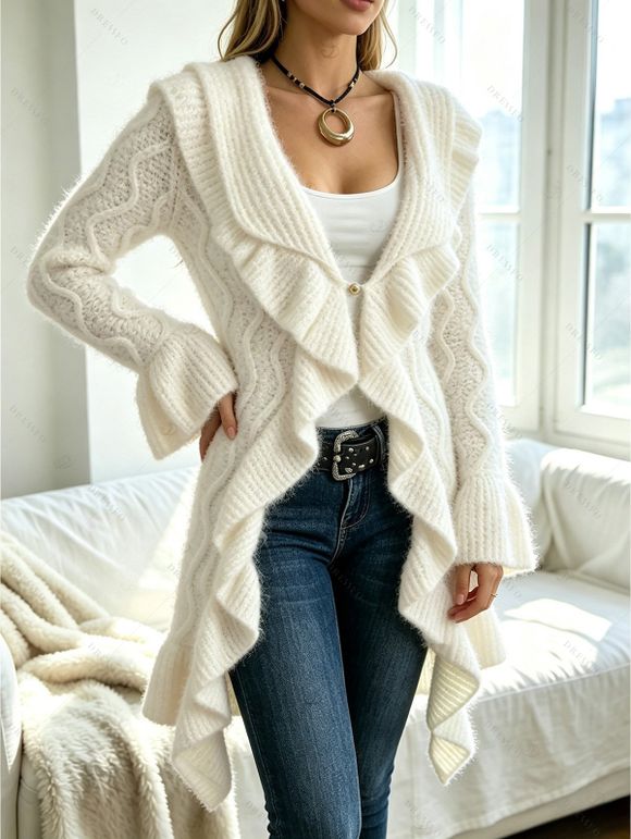 Winter Women Outfit Wavy Asymmetrical Hem Solid Color Mid‑Long Ruffle Bell Sleeve Sweater Coat Topstitching Jeans and Bird Necklace Set - Beige S | US 4