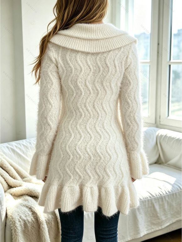Winter Women Outfit Wavy Asymmetrical Hem Solid Color Mid‑Long Ruffle Bell Sleeve Sweater Coat Topstitching Jeans and Bird Necklace Set - Beige S | US 4